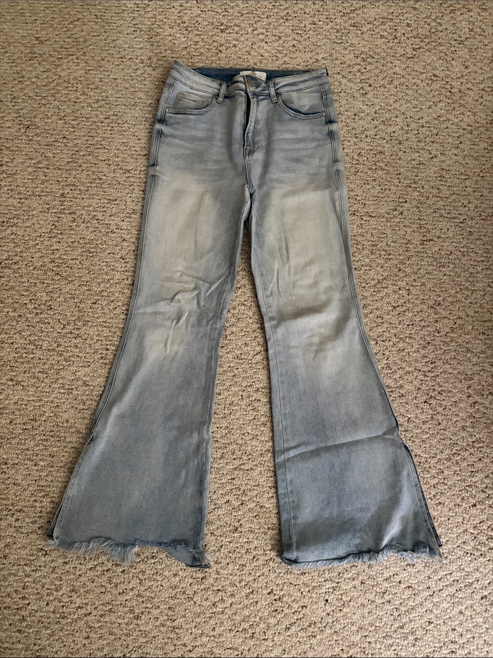 Light Blue Flare Jeans with Raw Hem - Women's Wide Leg Denim